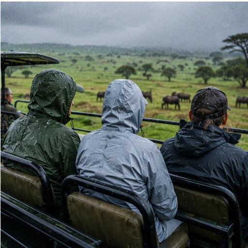 Lightweight waterproof rain jacket worn during the wet season game drive in Maasai Mara Kenya